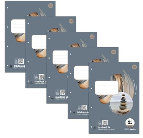 Style Schulblock - 5 Blöcke à 50 Blatt, DIN A4, 70 g/m², liniert 9 mm | Lineatur 21, hochwertiges Papier, ausgezeichnet mit dem EU Ecolabel, praktische Details, 4-fach gelocht