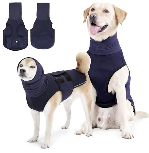 Beruhigungsweste für Hunde mit Kapuze & Reflektorstreifen – Weich & Verstellbar Atmungsaktiver Hundemantel zur Stressreduktion bei Feuerwerk, Gewitter & Reisen (Dunkelblau, XL)