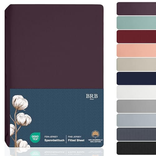 BRB Home Spannbettlaken 90x200cm - Spannbetttuch für Dicke Matratzen bis zu 27 cm 100% Baumwolle Oeko-TEX Zertifiziert Bettlaken Jersey Bettware Bettbezug für Boxspringbett (Aubergine - 90x200)