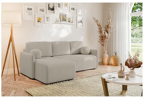 MEBLINI Schlafcouch mit Bettkasten - Kleines Ecksofa mit Schlaffunktion - Sofa mit Relaxfunktion und Kissen - Kleine Couch L-Form - Eckcouch - Vesper - 215x147x94cm - Links - Beige Boucle