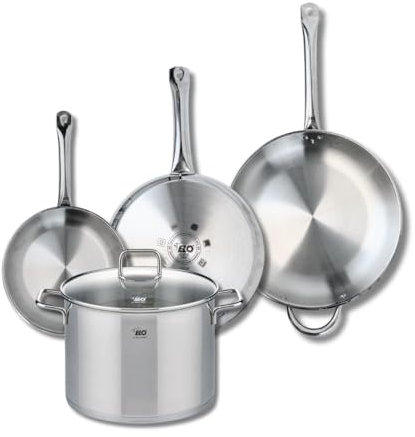 ELO 9511250 Batterie de cuisine 4 pièces, Ensemble de 3 Poêles de cuisson 24, 28 et 32 cm et 1 faitout 26 cm Elo Profi Citrin, inox, induction