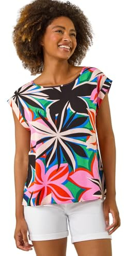 Roman Originals T-Shirt for Women UK - Ladies Tee Shirt Summer Top Holiday Day Causal Short Sleeve Blouses Round Crew Boat Neck Lightweight - Pink Floral - Size 14