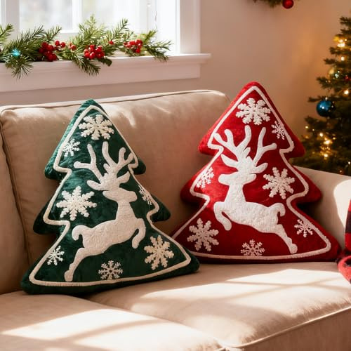 Lanpn 2 Stück Weihnachtsbaum Kissen Weihnachtskissen, Schneeflocke & Elch Weihnachts Kissen Dekokissen Flauschiges Zierkissen für Party Bett Sofa Couch Weihnachtsdeko (Grün & Rot, 42,5x45cm)