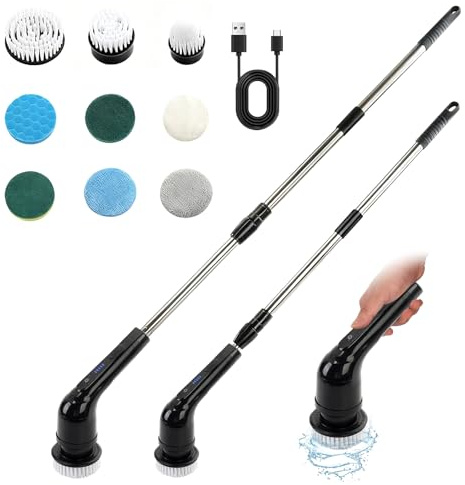 Journeyside Cepillo De Limpieza Electrico,Limpiador Giratorio Eléctrico con 9 Cabezales De Cepillo De Repuesto, IPX7 Fregadora Giratoria Hogar,Electrico Baño Brush con 2 Velocidades para Baños,Cocinas