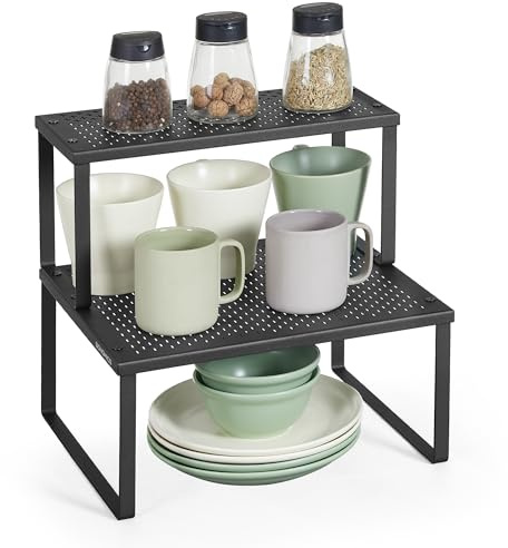 SONGMICS Set of 2 Spice Rack, Stackable, Expandable Cupboard Organisers | Kitchen Storage, Steel Counter Shelves, Matte Black, Beque Collection KCS005B01