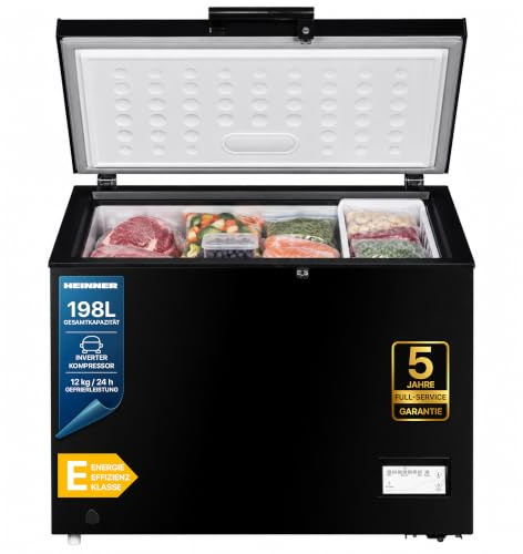 HEINNER HCF-205NHBKE++ Gefrierschrank – 205 L Nutzvolumen, No-Frost-Technologie, Energieeffizienzklasse E, LED-Innenbeleuchtung, Verstellbare Fächer, Reversible Türen, Schwarzes, 5 Jahre Garantie