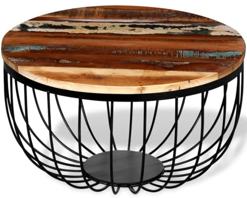 mtlskopl Couchtisch rund 60 cm Altholz Massiv & Eisen Coffee Table Industrial Vintage Mehrfarbig für Wohnzimmer Sofa Seitentisch Mini Beistelltisch
