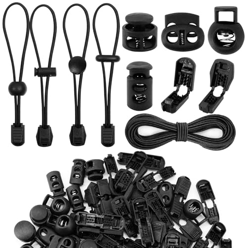 KASURE Elastische Gummischnur 10m - 3mm, mit 50 Kunststoff Kordelstopper und 50 Kunststoff Kordelenden Schnalle, für Rucksäcke, Zeltseile, Schnürsenkel und Kordelzüge an Kleidungsstücken(Schwarz)