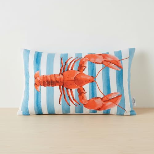 BOLTZE Outdoor Kissen Lobster mit Hummer Motiv, maritimes Zierkissen türkis gestreift, 50x30 cm