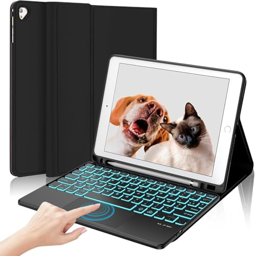 WAVATA Clavier pour iPad 6ème/5ème Génération 2018/2017 9.7, Noir | avec Pavé Tactile, Étui Clavier avec Rétroéclairé pour iPad Pro 9.7, Air 2/1 AZERTY Français Magnétique Amovible