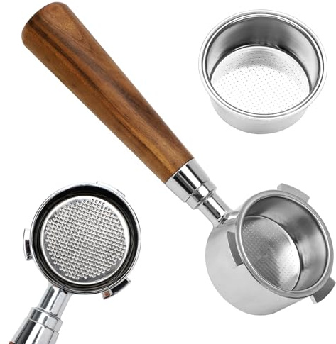 Bodenloser Siebträger 51mm für DeLonghi Dedica EC680/EC685/EC885 Espresso Kaffee Espressomaschinen, Kaffee Siebträger mit 3 Ohren, Holzgriff inkl. Edelstahl-Filterkorb (Farbe 2)