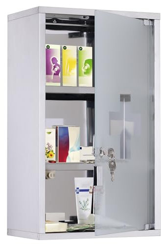 HOMCOM Armoire à Pharmacie Murale à 3 Niveaux en Acier Inoxydable avec Porte verrouillable en Verre avec 2 clés étagères de Rangement Argent