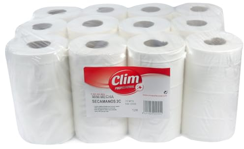 Clim Profesional 12 Rollos de Papel Secamanos Mini Mecha Doble Capa Muy Resistente y Absorbente. Pack 12 bobinas. Apto para Uso Profesional y Doméstico