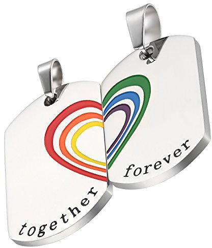 Flongo Edelstahl Anhänger Halskette Silber Bunt Herz Regenbogen Rainbow LGBT Lesbe Gay Pride Schwul Homosexuell Dog Tag Paar Lieben Valentine Paar Paare Set Herren, Damen