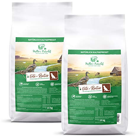 Müllers Naturhof - Ente & Rentier - 2 x 15 kg - Gartengemüse & Wiesenkräuter - Natürlich kaltgepresst - getreidefreie Rezeptur - Trockenfutter für alle Hunderassen - Traditionell hergestellt