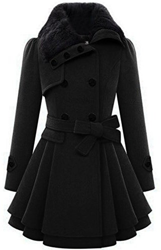 Zeagoo Damen-Trenchcoat, Kunstfell, Revers, zweireihig, dicke Wolle, warm, Größe S-2XL, Schwarz, L