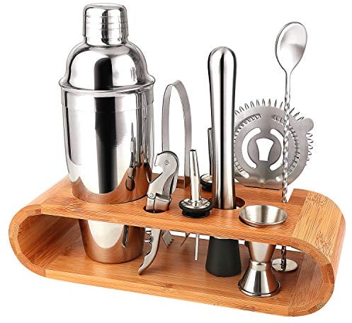 Barkeeper Set - Cocktail-Shaker Set Cocktail Zubehör 10-teiliges Bar Tool Set mit schlankem Bambus-Standfuß, Martini-Shaker für die Küche, Perfect Home Bartending Kit für ein fantastisches Mixerlebnis