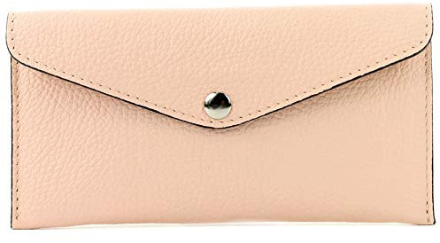 modamoda de - P03 - Portefeuille femme italienne, cuir véritable, long, Couleur:Rose Beige clair