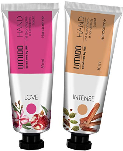 UMIDO 2 Stück Set Handcreme Set 30 ml | 1x Granatapfel-Extrakt & Orchideen-Extrakt | 1x Kardamom-Extrakt & Sandelholz-Extrakt | ohne Parabene | Creme | Pflegecreme | Handlotion | Handcreme mini