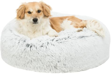 Trixie Hundebett Harvey rund, mit Langhaar-Plüsch – ø 60 cm, weiß/schwarz | Kuschelig weiches Liegekissen, waschbar – für mittelgroße Hunde, rutschfester Boden für sicheren Stand