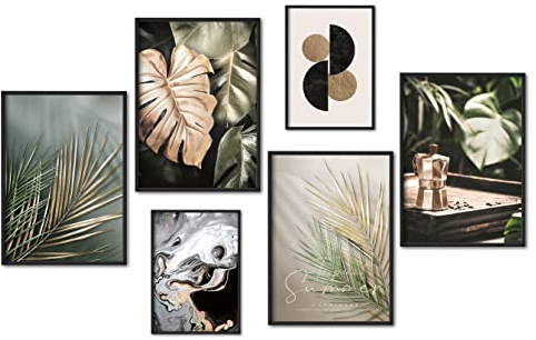 myestado - Premium Poster Set Bilder Wohnzimmer Modern Schlafzimmer Bild für Ihre Wand - ohne Rahmen - 4 x DIN A3 & 2 x DIN A4 - ca. 30x42 & 21x30 » Gold Leaf «