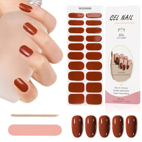 Kalolary 20PCS Nail Adhesive Wrap, Nail Gel Polish Strips Full Wraps Nail Polish Stickers Cured Gel Nail Strips Self-Adhesive Gel Nail Wrap Stickers Decals(UV/LED Lamp Required) (Dark Red)