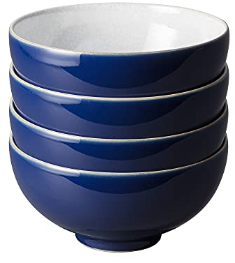 Denby Elements Lot de 4 bols à riz bleu foncé – Vaisselle lavable au lave-vaisselle et au micro-ondes 480 ml 13 cm – Vaisselle en céramique bleu marine et blanc – Bols à soupe résistants aux éclats et
