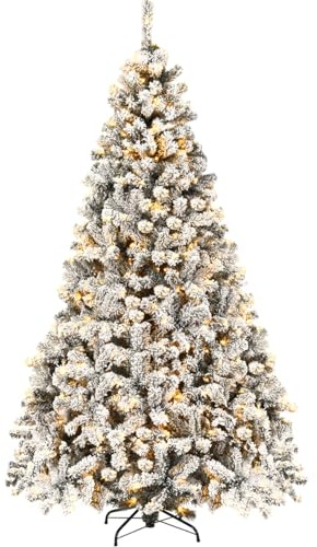 GOPLUS Künstlicher Weihnachtsbaum mit Schnee und Beleuchtung, 180/225cm Tannenbaum künstlich mit PVC Nadeln, Christbaum mit Klappständer, Christmas Tree für Weihnachten (225 cm)