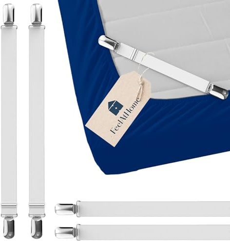 FeelAtHome 4 PCS Bed Sheet Clips Keep Bedsheets In Place-Corner Bands Suspenders For Fitted Sheets - Mattress Sheets Grippers Holders Straps Fits From Twin Queen King Garters Fasteners Clamps