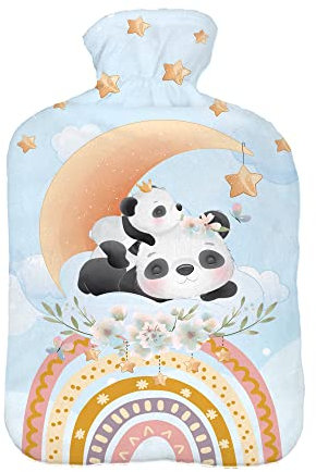 Wärmflasche mit Pullover Bezug 2 Liter Bettflasche mit schönen Fleece-Druck Bezug Gummi Wärmflasche mit Deckel Weiß Panda Mond Regenbogen [092]