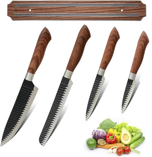 Fishtec - Set 4 Couteaux de Cuisine INOX : Couteau à Pain, à Légumes, d'Office - Manche en Bois Ergonomique - Lames Antiadhésives + Support Magnétique 32 cm - Coffret Cadeau à Offrir