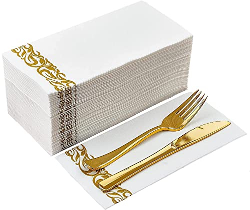 Lot de 50 serviettes jetables décoratives en papier pour salle de bain, cuisine, fêtes, mariages, anniversaires, dîners ou événements - 30 x 43 cm - Doré