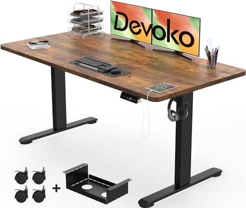 Devoko Electric Standing Desk 140x70cm with USB Charging Height Adjustable with Desktop Sit Stand Up Heavy Duty Steel 3 Memory Smart Pannel(Rustic Brown)