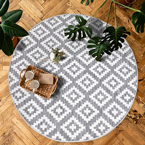 payé Outdoor Teppich Rund - 120x120cm - Wetterfest - Grau Weiß - Raute Gitter - Teppiche für Terrasse Balkon Garten Indoor