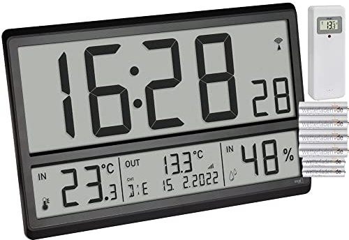 TFA Dostmann Digitale XL Wanduhr, 60.4523.01, mit Außentemperatur und Raumklima, Funkuhr, 24h Anzeige, vollständiges Datum, schwarz mit Batterien
