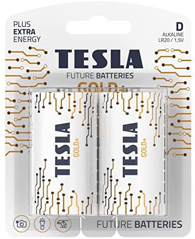TESLA BATTERIES GOLD+ D - Batterie alcaline ad alta potenza, durata di 10 anni, a lunga durata, senza perdite, 2 pezzi [confezione da 1]