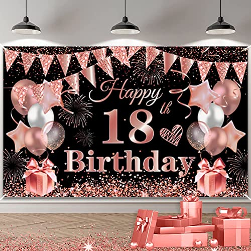 Décorations de fête d'anniversaire pour 18e anniversaire, bannière noire et or rose, décoration de photomaton, grande bannière de 18e anniversaire pour filles de 18 ans