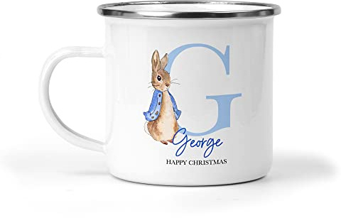 Daytripper Christmas Mug for Girls Boys Personalised Happy Xmas Enamel Mugs Tin Children's Cup Gifts Hot Chocolate Kids Custom Name Initial (Blue)