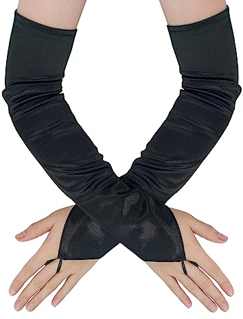 1 paio di guanti neri con gancio, in maglia elasticizzata, lunghi guanti vintage da donna, senza dita nere, adatti per matrimoni, serate, feste, spettacoli d'opera, Nero , 64