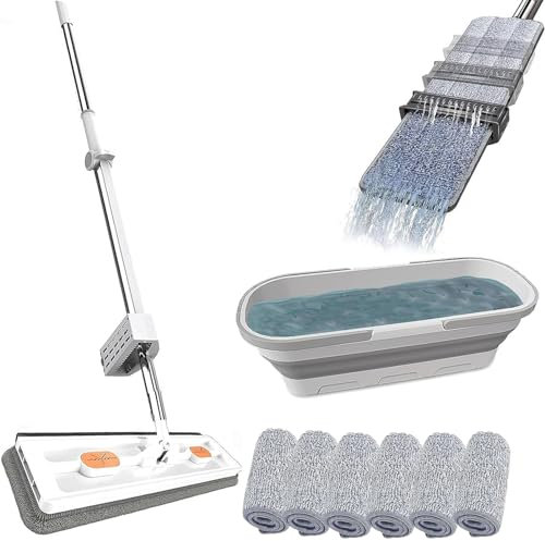 Grande scopa piatta, girevole a 360°, set di mocio con secchio e funzione strizzatura, per pavimenti in laminato duro, piastrelle (B+D)