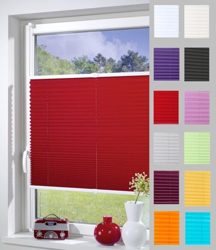 DécoProfi Plissee ohne Bohren ROT 95cm x 220cm (max. Gesamthöhe Fensterflügel) I Verspannte Plissees nach Maß mit Klemmträger/Klemmfix I Blickdichte Innenrahmen-Plissees zum Klemmen