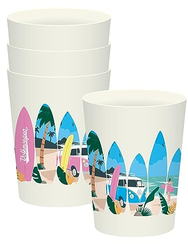 Puckator VW Volkswagen Camper Bus Waves are Calling 4 Pc Picnic Cups 450ml Out of Rec' Plastic Bottles Plastic Tumblers Cups Reusable Camping Mugs Cups Set of Unbreakable Picnic Glasses for Adults