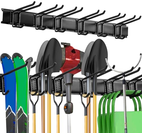 NOEAIKE Ganchos de almacenamiento de garaje, 48 pulgadas, montaje en pared, organización de garaje con 3 rieles y 6 ganchos de pared dobles ajustables, estantes colgantes para herramientas de jardín,