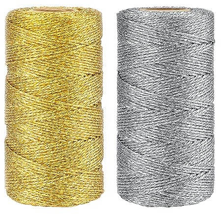 G2PLUS 200M Filo Dorato, Spago Dorato e Argento 1.5mm Dorato Spago Natalizio 2 Rotoli Di Cordoncino Oro Non Elastica Per Fai-Da-Te, Confezioni Regalo o Ornamenti Alberi di Natale(Oro e Argento)