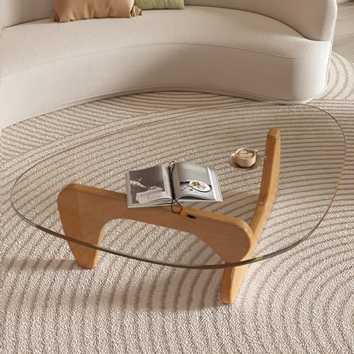 PRITIY Table basse de salon universelle moderne table basse triangulaire en verre avec pieds en bois (chêne) (bois original + transparent, 82 x 57 x 40 cm)