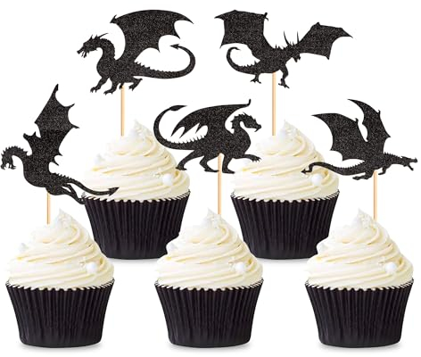 25PCS Dragon Cupcake Toppers Glitter Fantasy Birthday Cupcake Flying Dragon Cupcake Toppers Theme Baby Shower Kids Birthday Party Cake Decorations Supplies Black