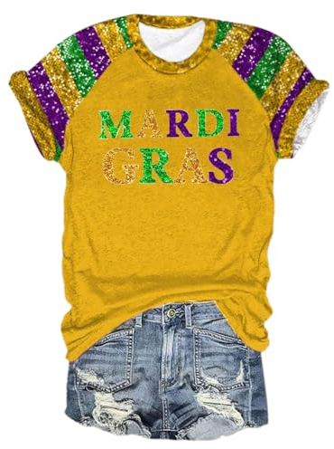 Modeschmuck Ketten Kurzärmliges Oberteil mit Mardi-Print und rundem Ausschnitt für Damen Oberteil Damen Große Größen Sexy (Yellow, XXL)