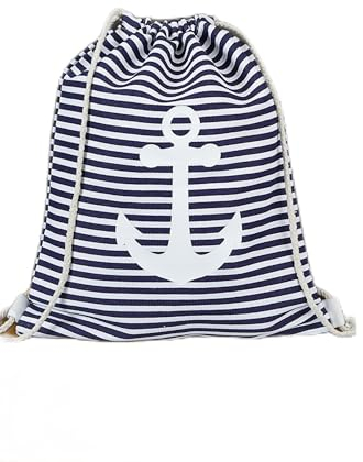 Cepewa Matchbeutel Anker maritim | blau weiß gestreift Polyester Baumwolle | Turnbeutel Rucksack Kordelzüge Tragetasche (1 x Matchbeutel blau gestreift)