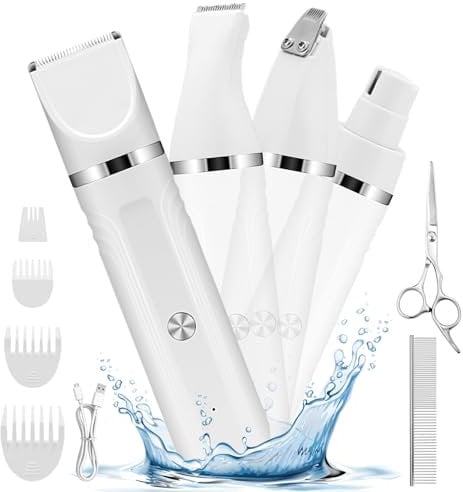 BENTFINE 4 in 1 Dog Clippers, Dog Cat Grooming Kit, Cordless Dogs Paw Trimmer, Low Noise Pet Trimmer with Nail Grinder Stainless Steel Scissors Combs, Rechargeable Pet Cat Shaver for Hair, Eyes, Face