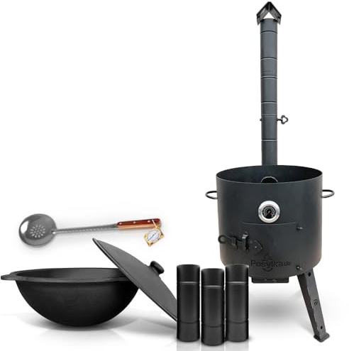 Gusseisen Kazan 16 L Kasan Казан mit Feuerofen Utschak Ø 44 cm runder Boden Thermometer Verlängerungsrohr Schaumlöffel für Plov 48 cm Учак Учаг Uchag Asia (Set 2)